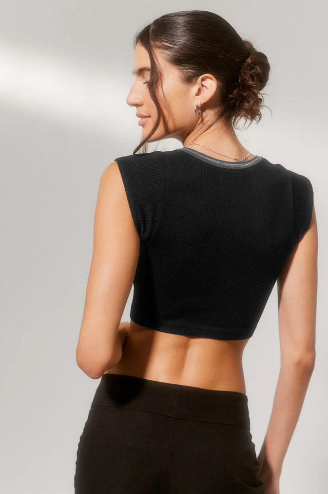 Notched Neck Cap Sleeve Cropped Tee