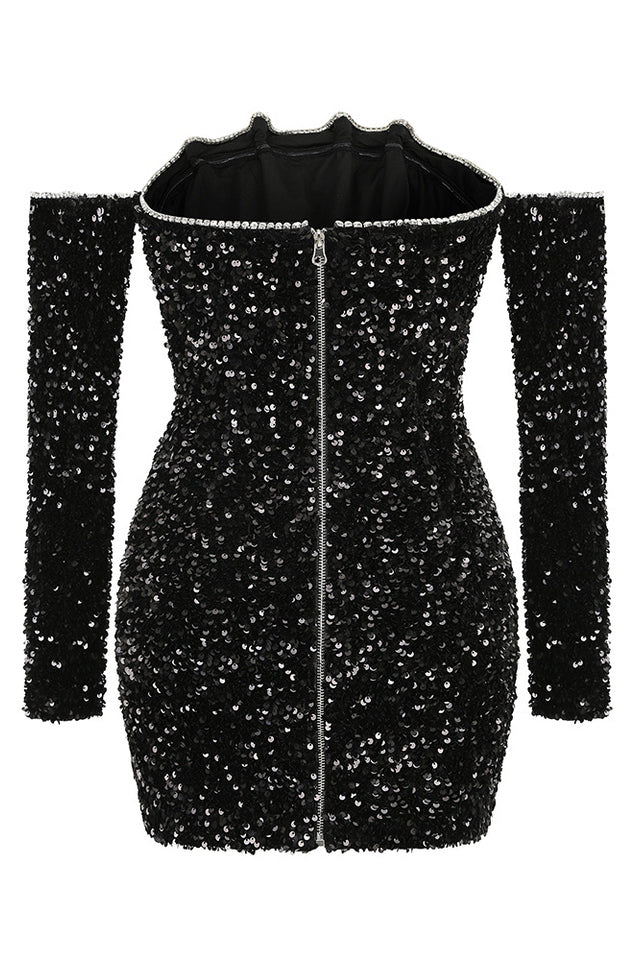 Black Off Shoulder Diamonds Dress