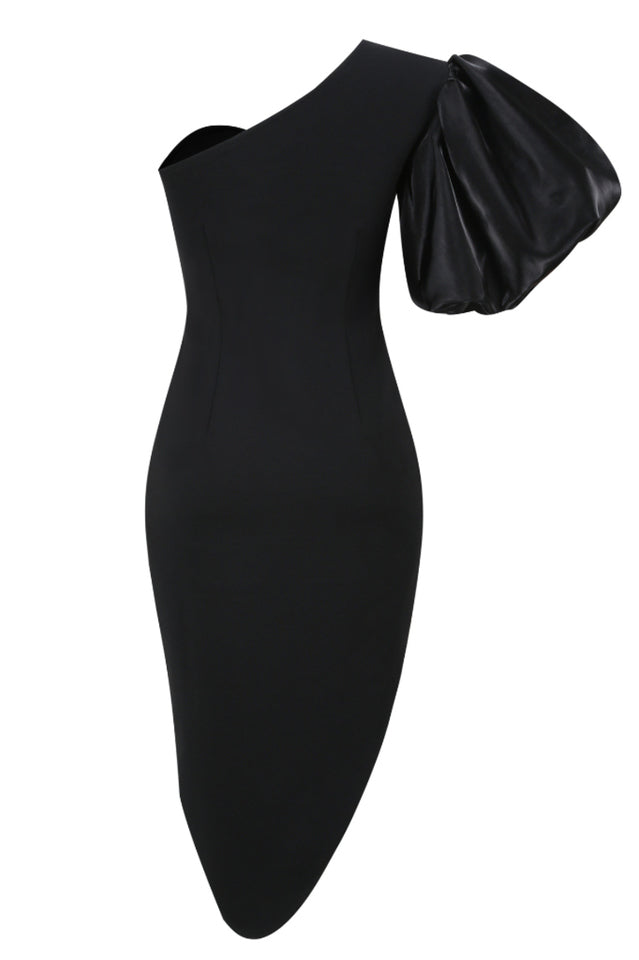 Black Puff Sleeve Asymmetric Midi Dress
