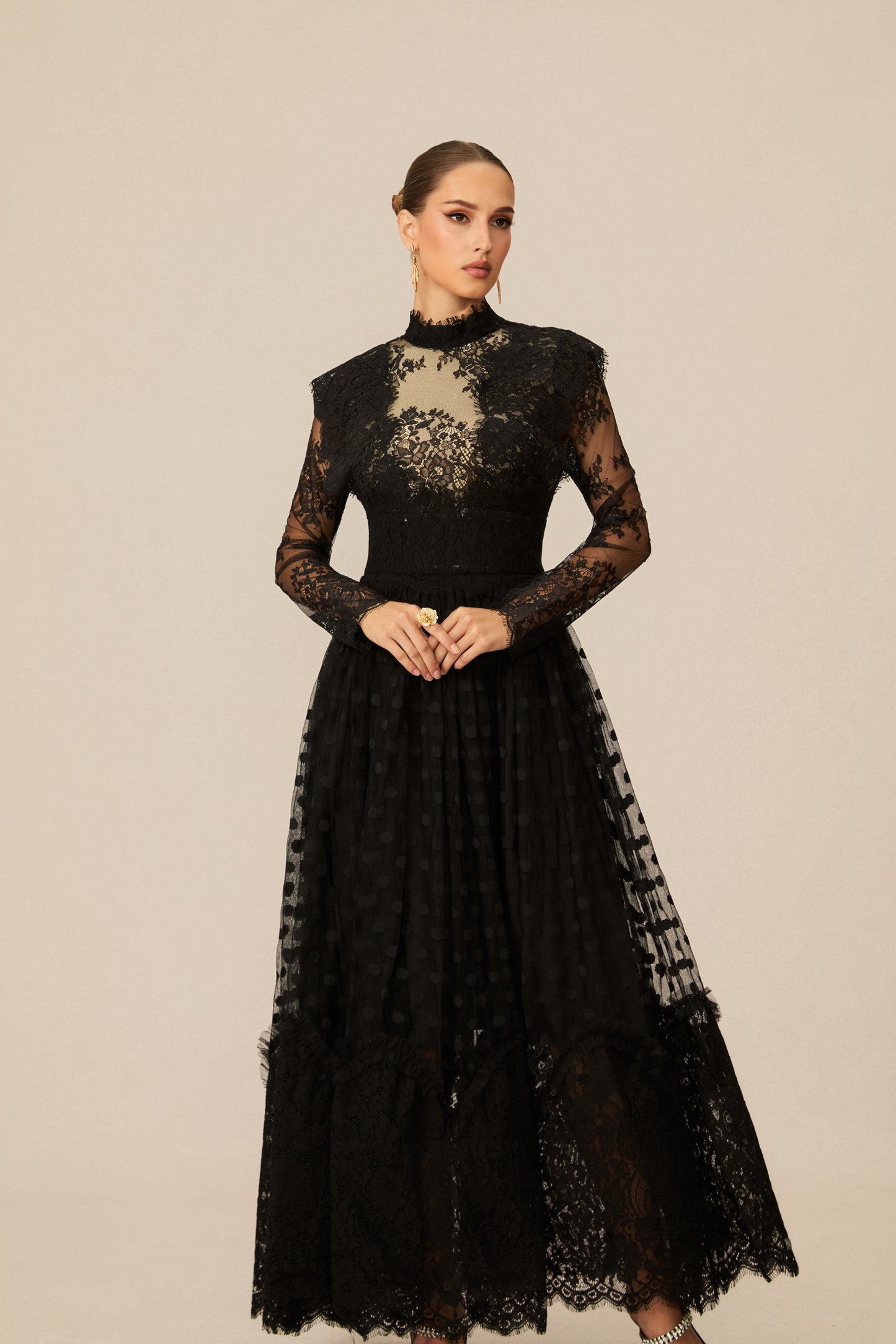 Elegant Enchantment Black Polka Dot Lace Maxi Dress