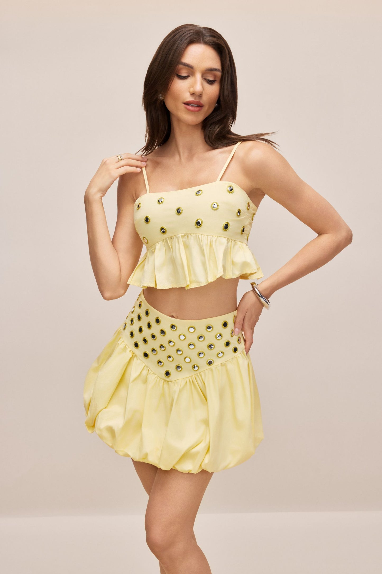 Irene Mirror Embellished Crop Top & Bubble Skirt Set