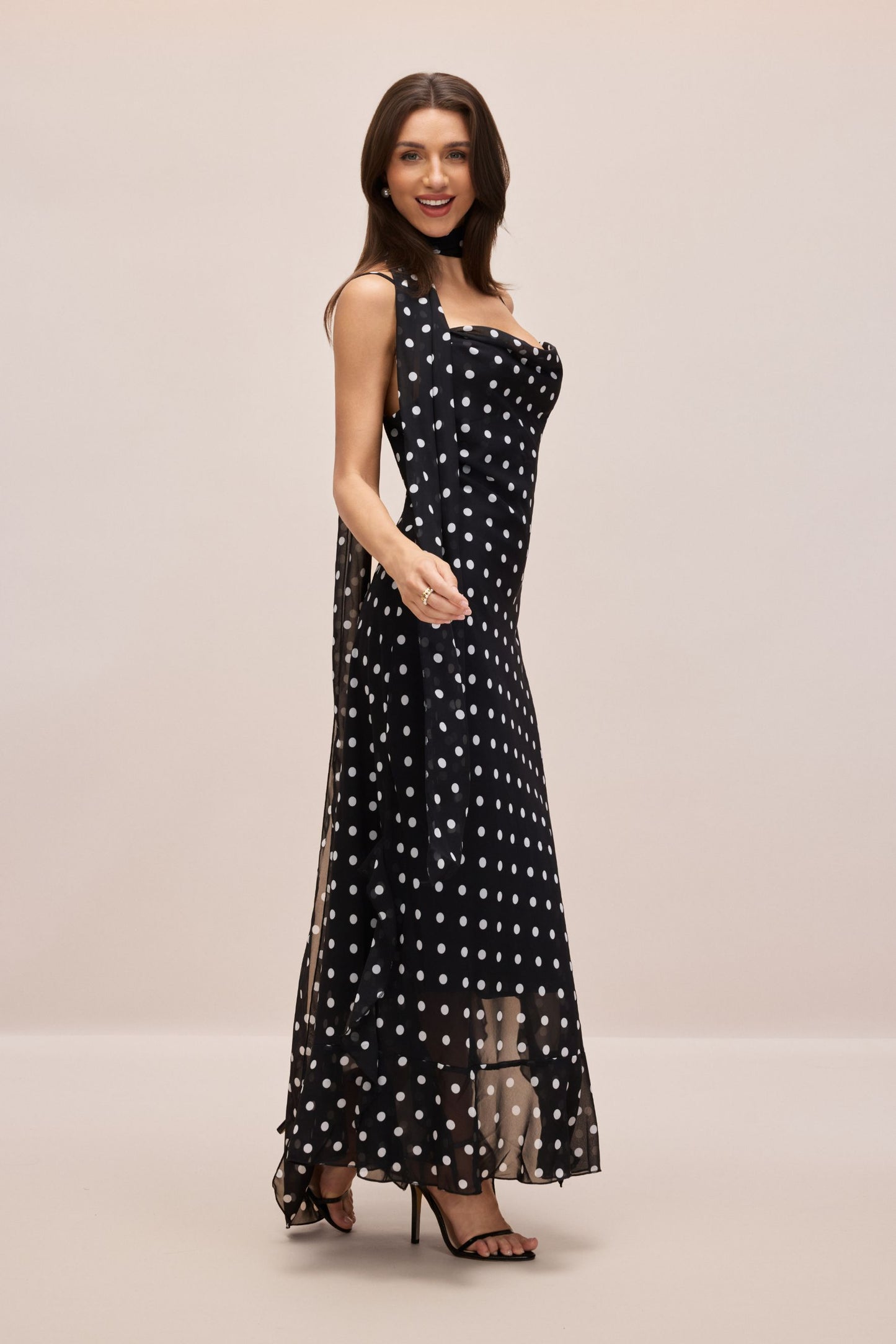 Veronica Polka Dot Ruffle Trim Maxi Dress with Scarf