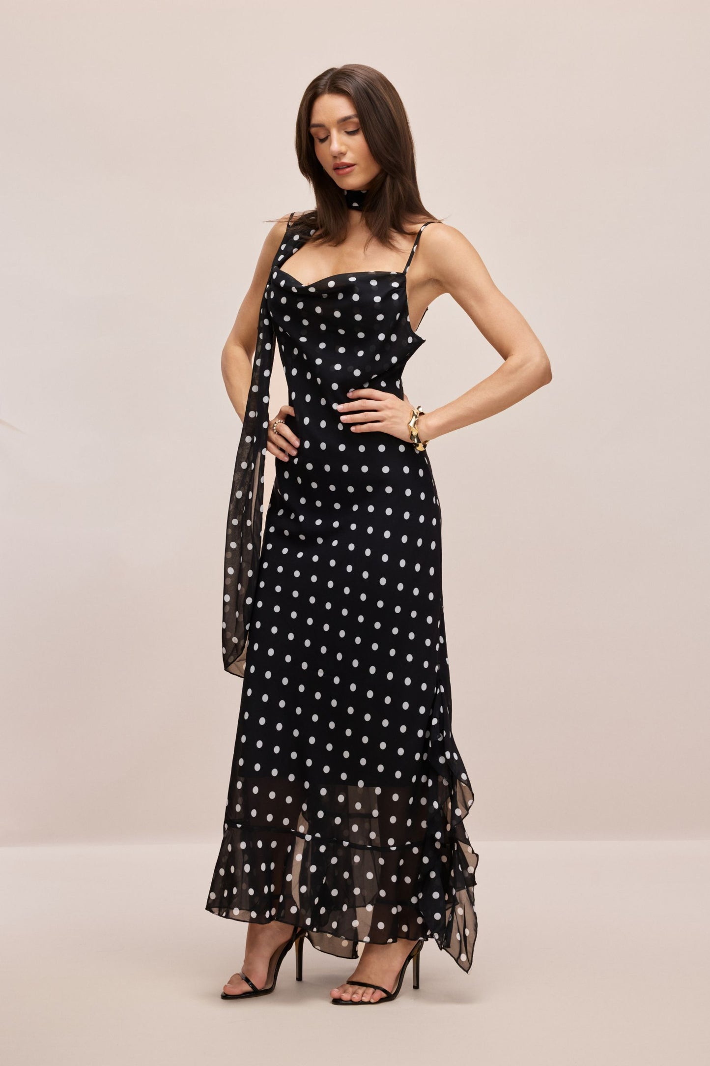 Veronica Polka Dot Ruffle Trim Maxi Dress with Scarf