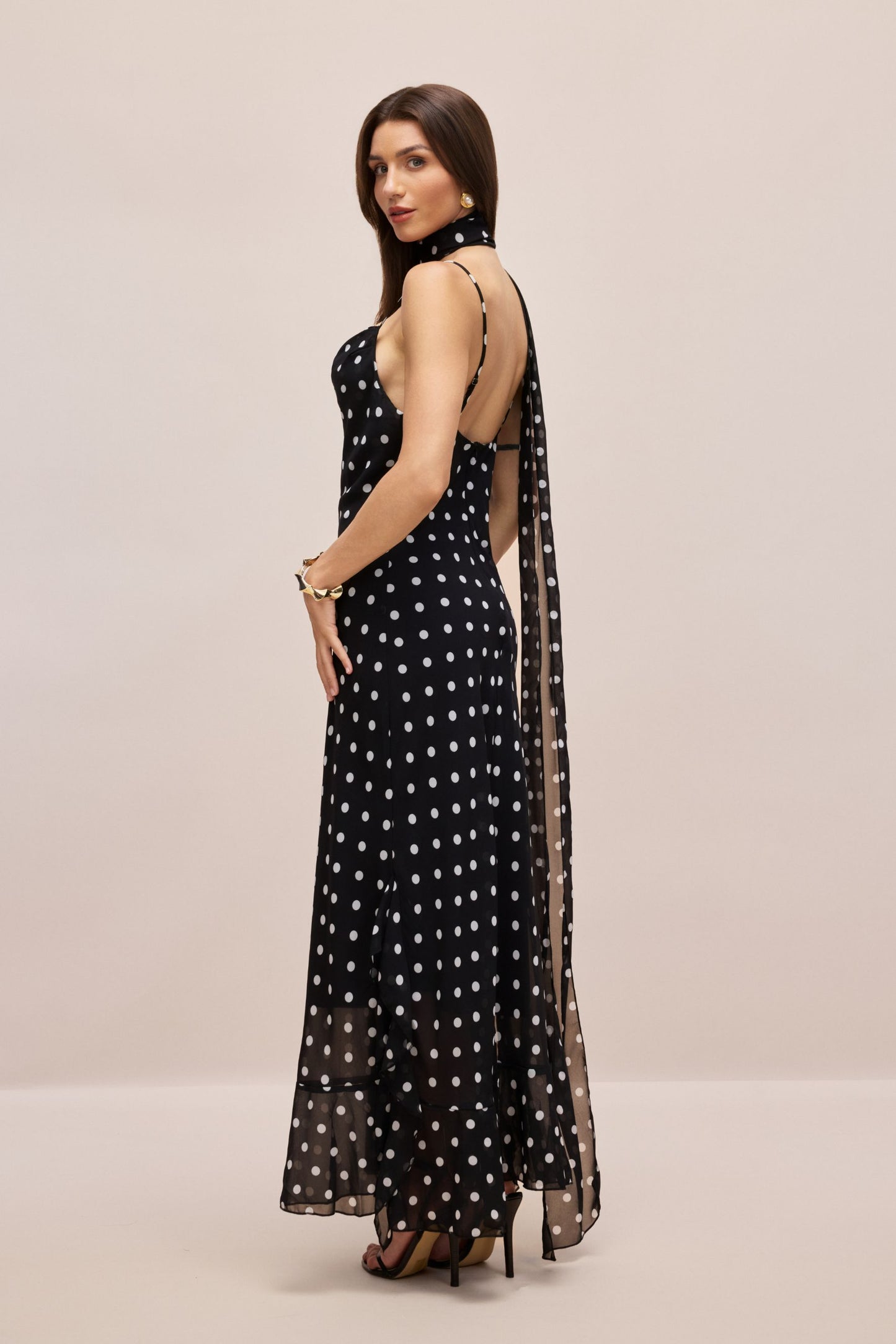 Veronica Polka Dot Ruffle Trim Maxi Dress with Scarf