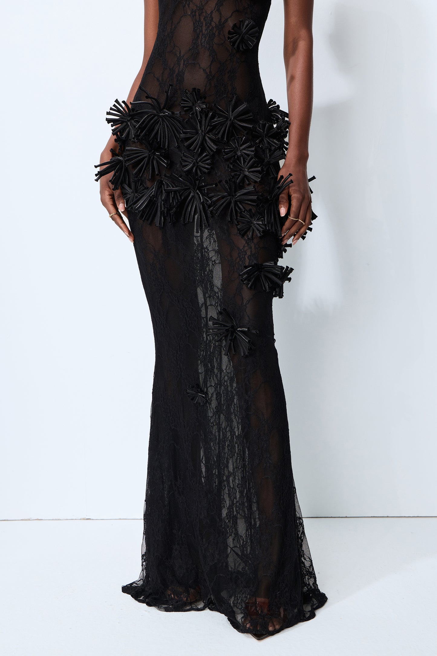 Midnight Desire Black Sheer Lace Floral Applique Maxi Dress