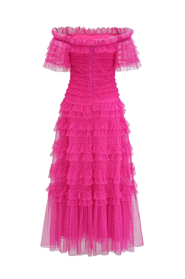 Off Shoulder Dotted Tulle Maxi Dress