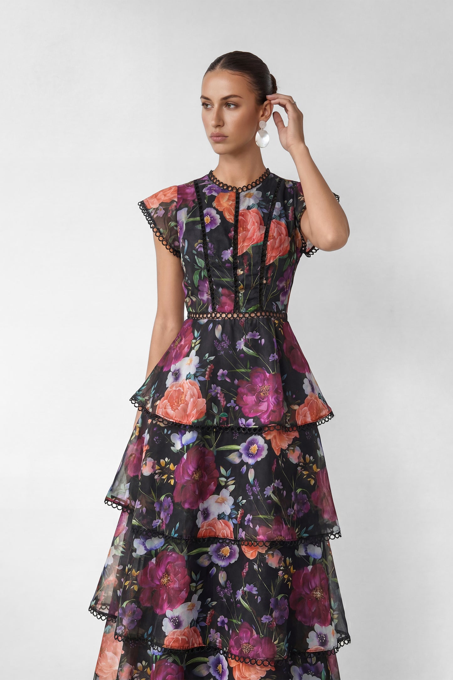 Bloom Dream Black Floral Print Tiered Ruffle Maxi Dress