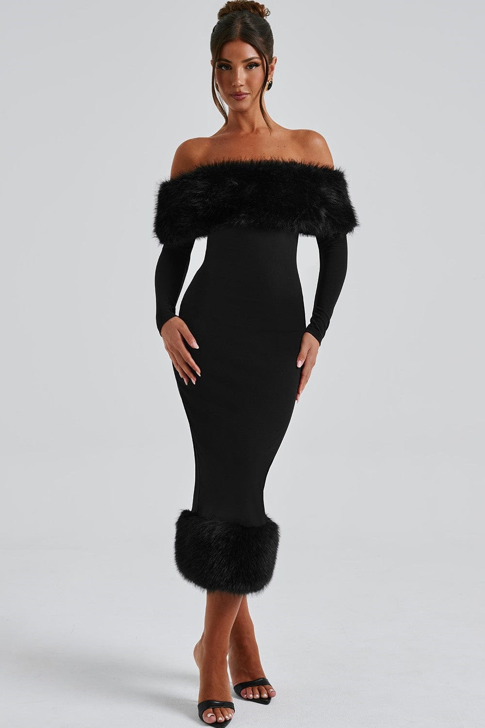 off the shoulder fur dress Off-Shoulder Faux Trim Mini creating a soft APRES SKI OFF SHOULDER FAUX