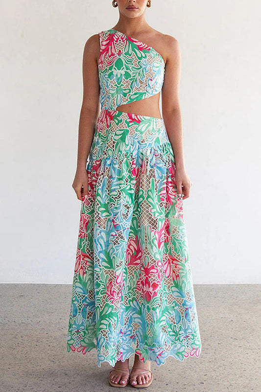 Botanical Print One Shoulder Frill Midi Dress