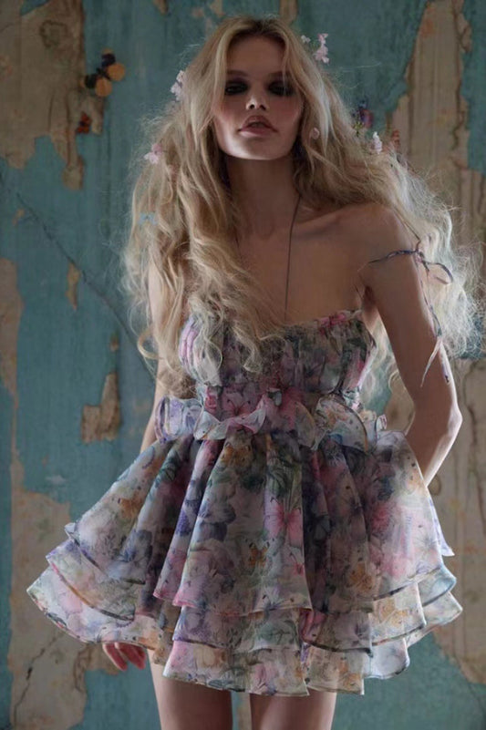 Fairy Butterfly Print Tiered Mini Sundress