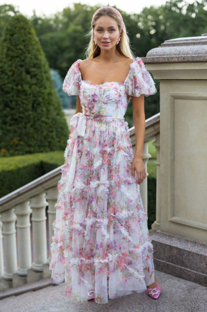 Floral Tulle Puff Sleeve Bow Tie Maxi Dress