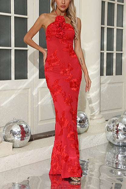 Halter 3D Floral Embroidered Gown
