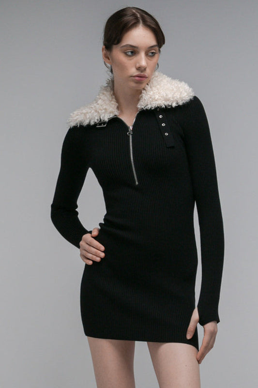 Fluffy Collared Zip Detailed Knit Dress