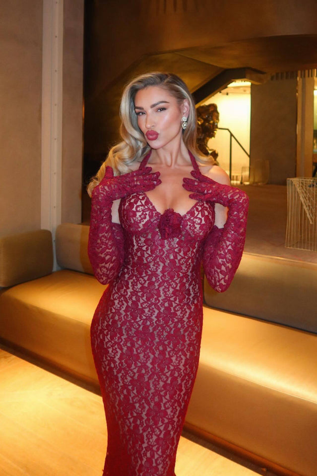 Marjorie Red Rose Lace Halter Maxi Dress