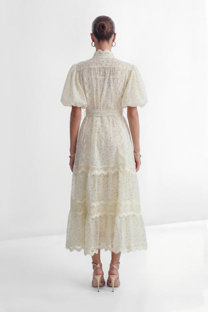 Momentous Love Beige Lace Trim Polka Dot Maxi Dress