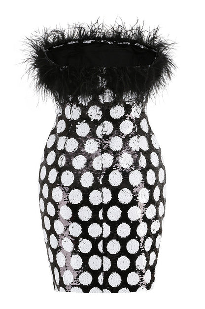 Feather Trim Polka Dot Sequin Dress