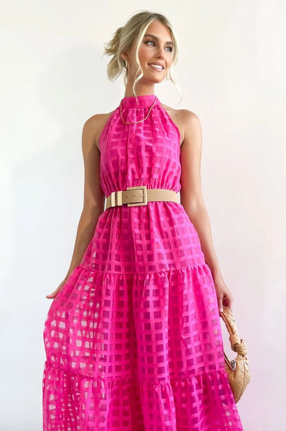 Check Halter Neck Tie Waist Maxi Dress