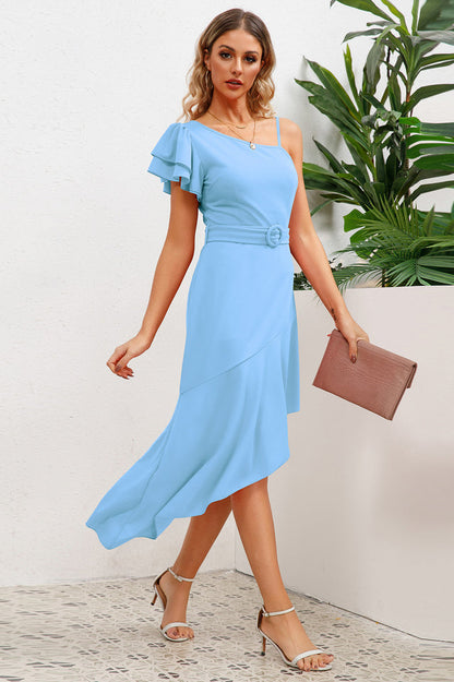 Asymmetrical Neck Flutter Sleeve Dress