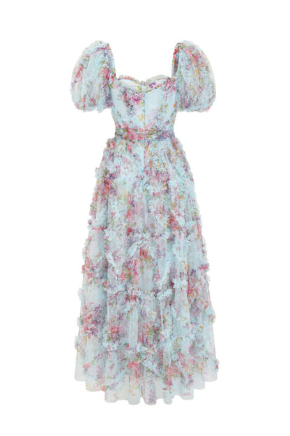 Floral Tulle Puff Sleeve Bow Tie Maxi Dress
