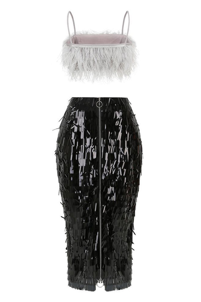 Aleyna Feather Top + Sequin Skirt Set