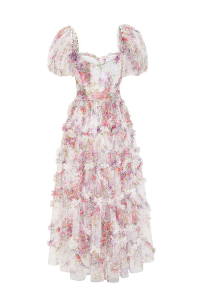 Floral Tulle Puff Sleeve Bow Tie Maxi Dress