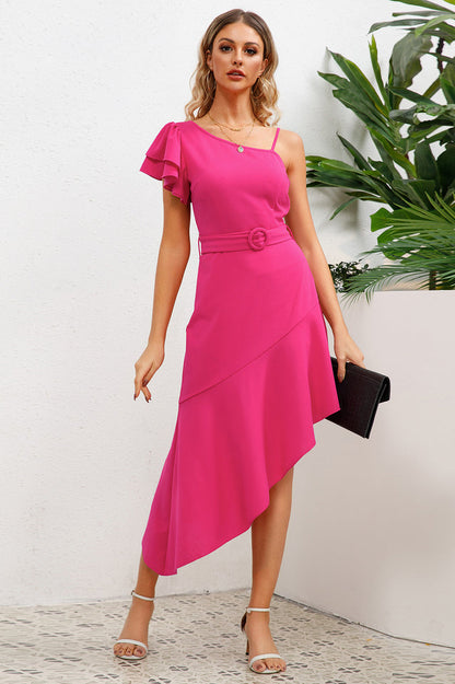 Asymmetrical Neck Flutter Sleeve Dress