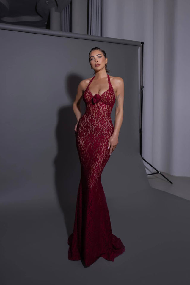 Marjorie Red Rose Lace Halter Maxi Dress