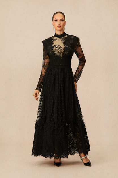 Elegant Enchantment Black Polka Dot Lace Maxi Dress
