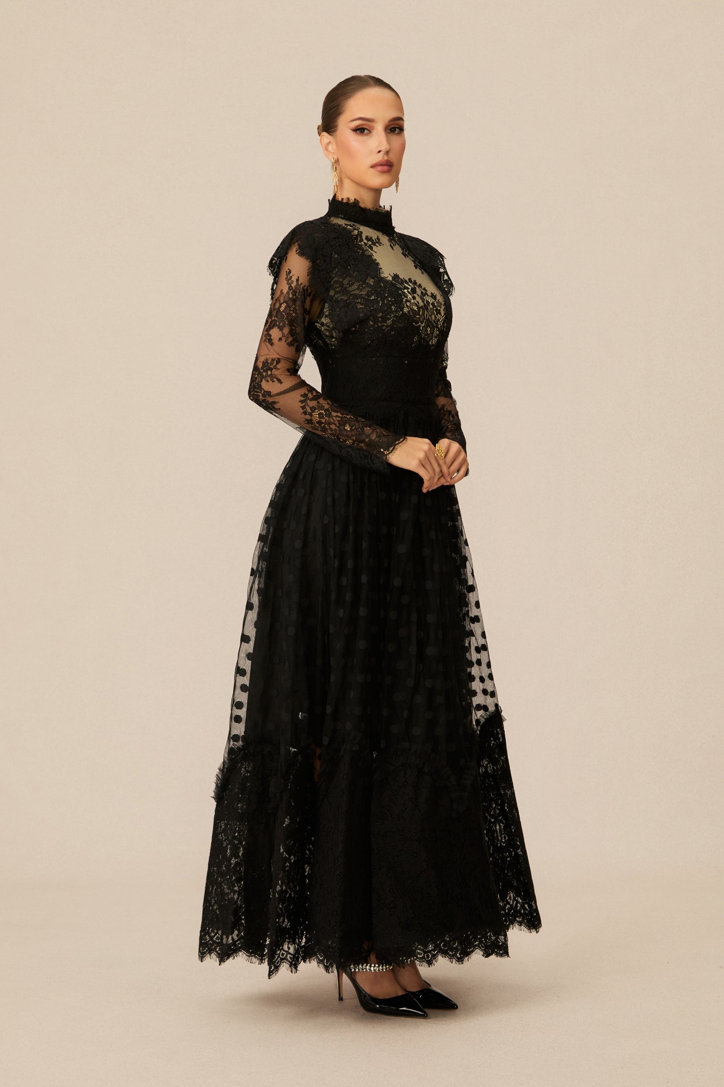 Elegant Enchantment Black Polka Dot Lace Maxi Dress