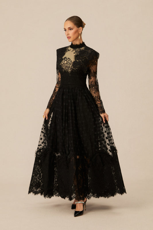 Elegant Enchantment Black Polka Dot Lace Maxi Dress