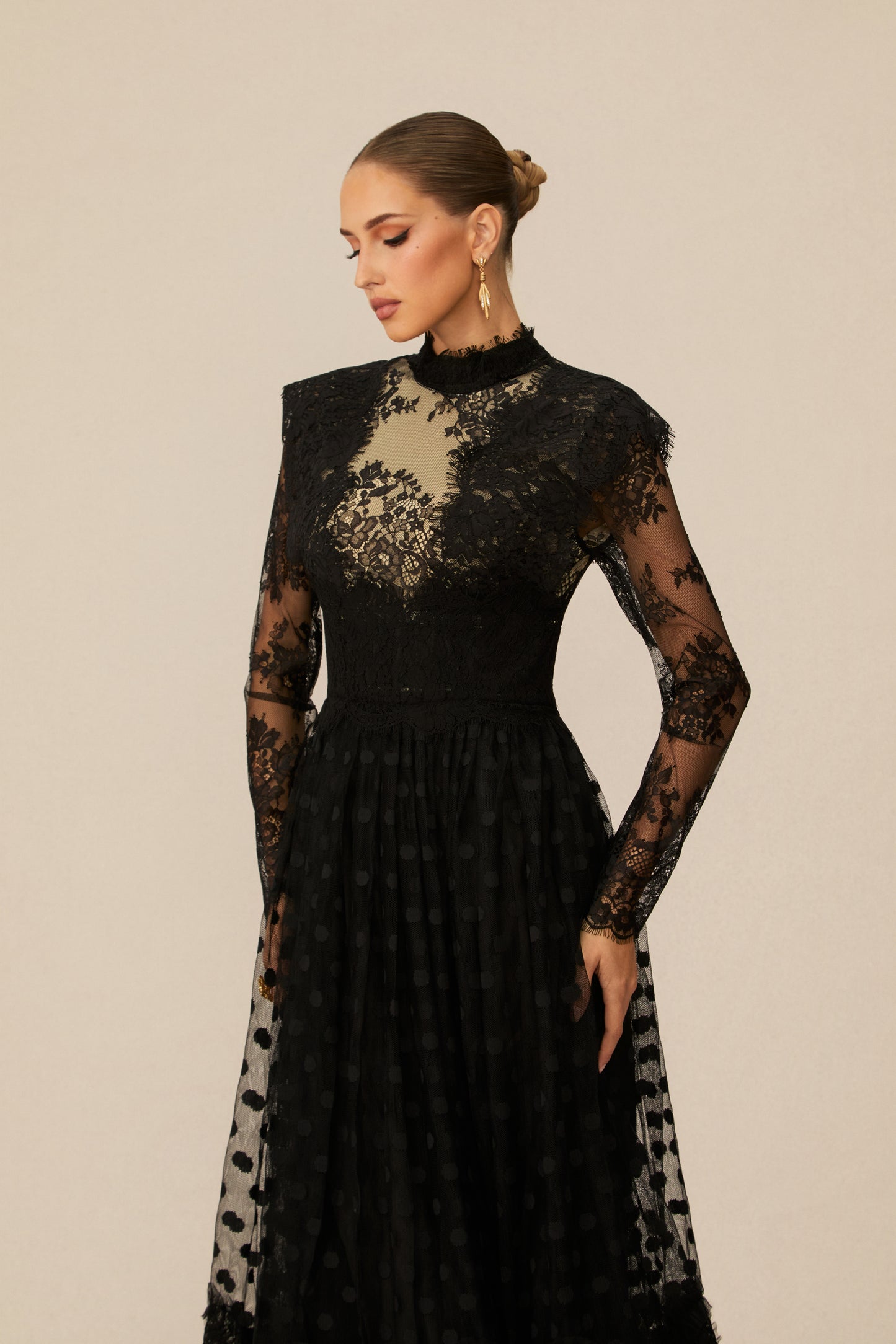 Elegant Enchantment Black Polka Dot Lace Maxi Dress
