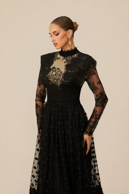 Elegant Enchantment Black Polka Dot Lace Maxi Dress