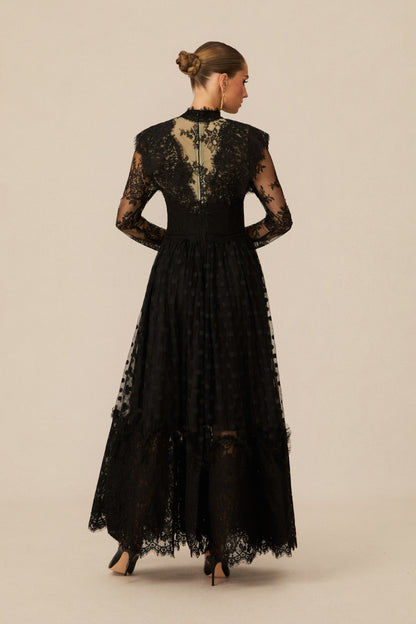 Elegant Enchantment Black Polka Dot Lace Maxi Dress