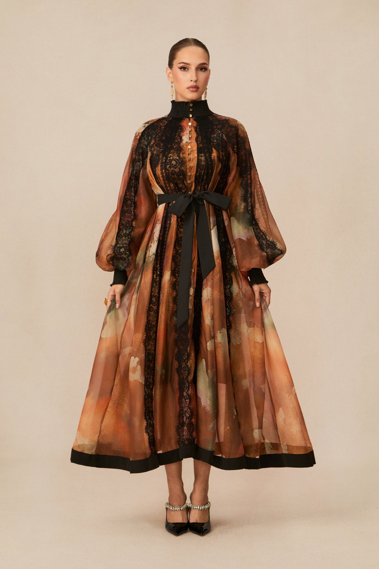 Alluring Glam Orange Lace Panel Midi Dress