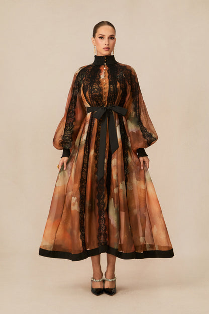 Alluring Glam Orange Lace Panel Midi Dress