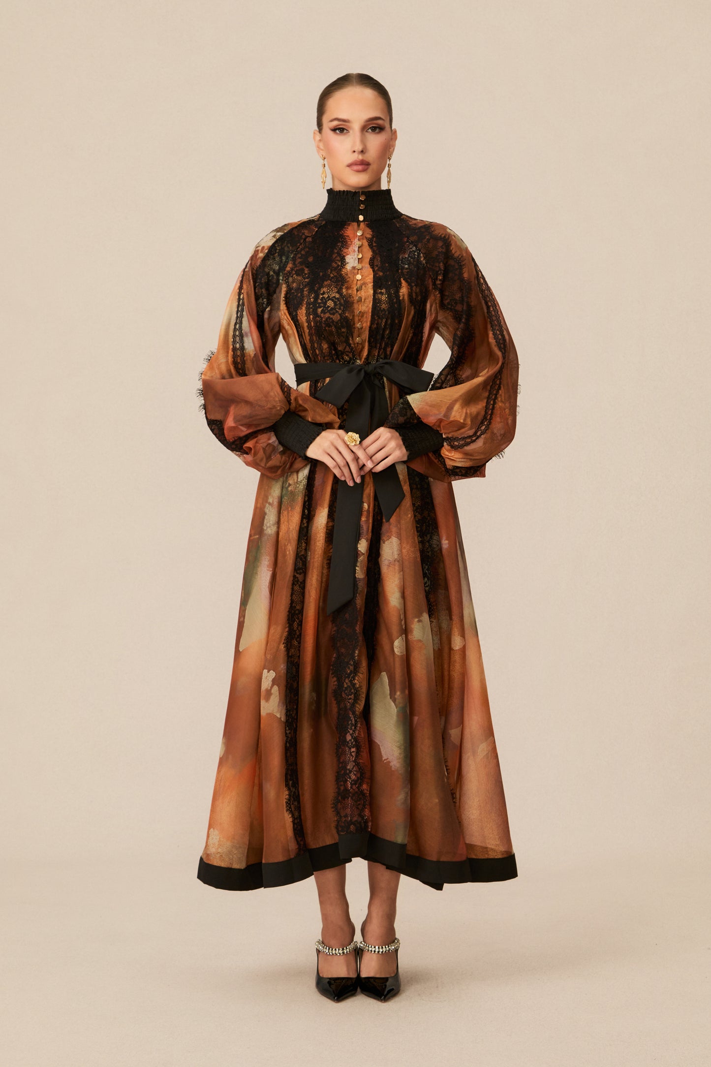 Alluring Glam Orange Lace Panel Midi Dress