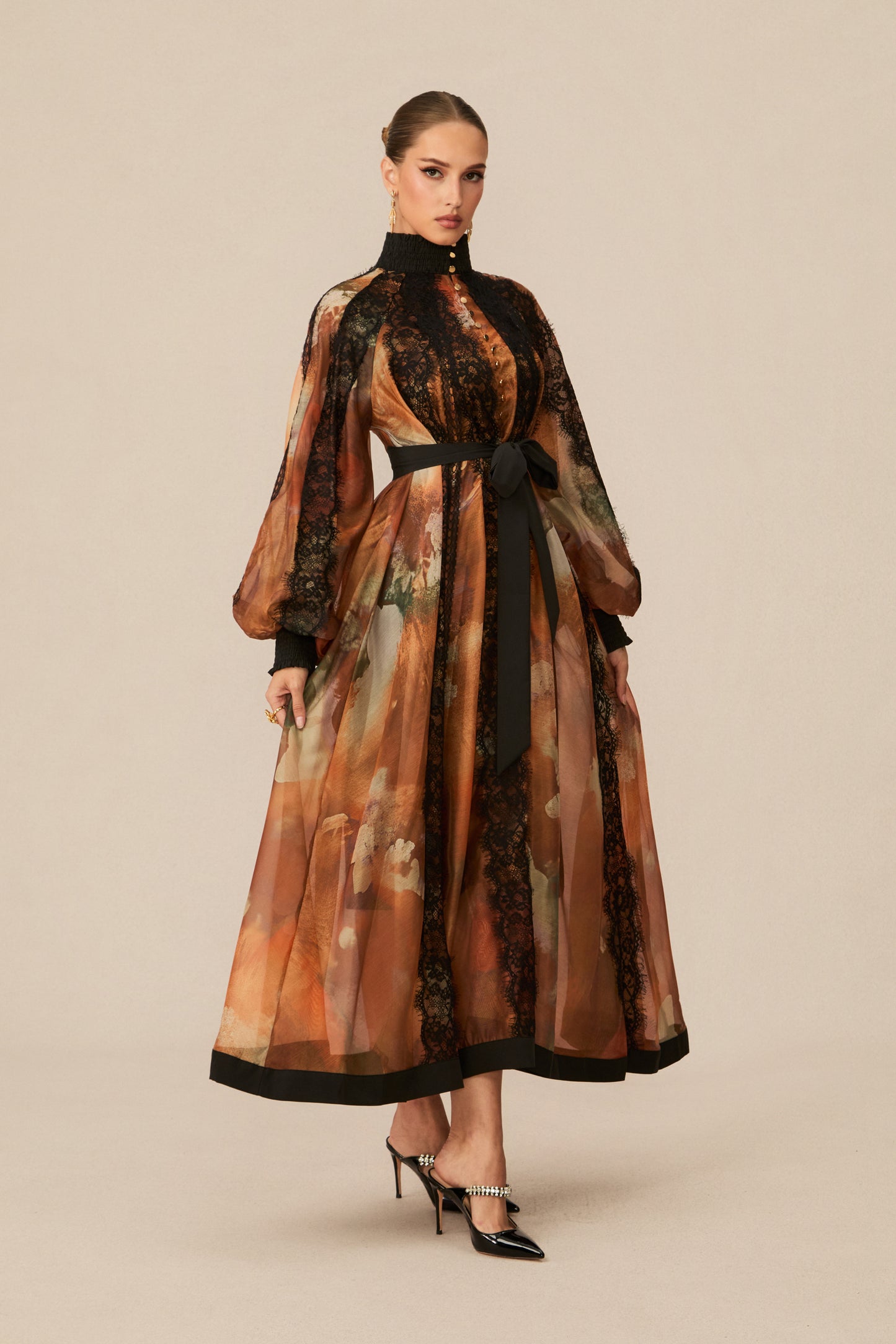 Alluring Glam Orange Lace Panel Midi Dress