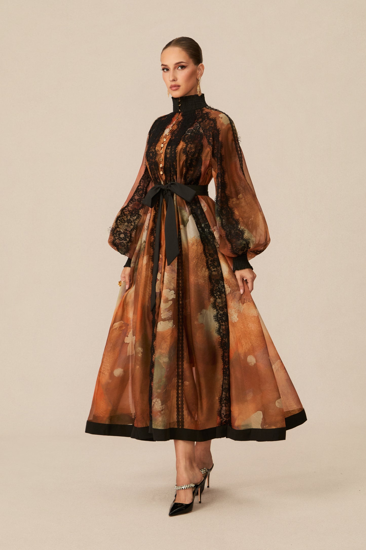 Alluring Glam Orange Lace Panel Midi Dress