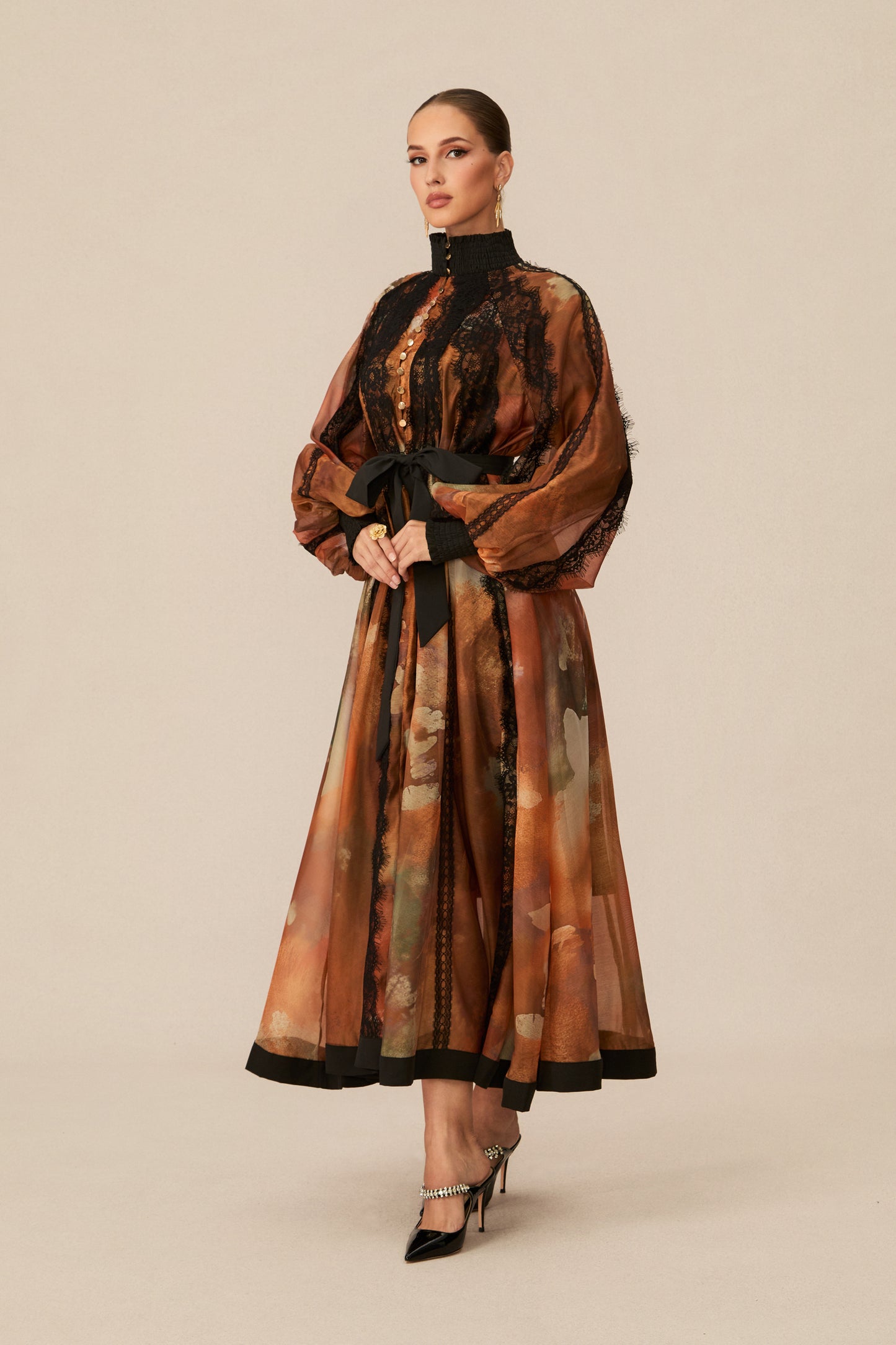 Alluring Glam Orange Lace Panel Midi Dress