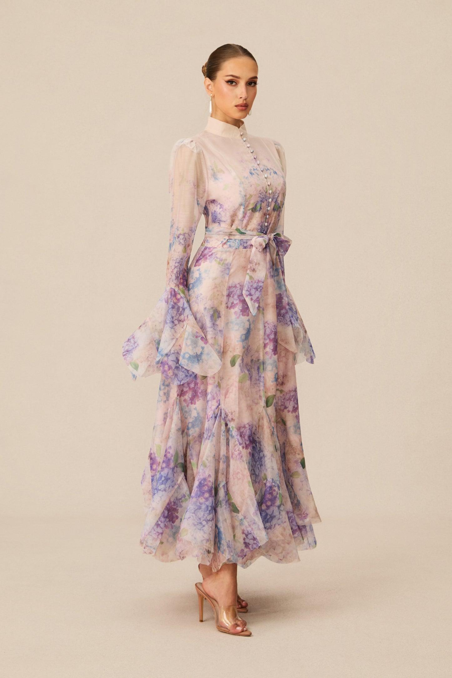 Alessia Floral Print Ruffle Cuff Maxi Dress