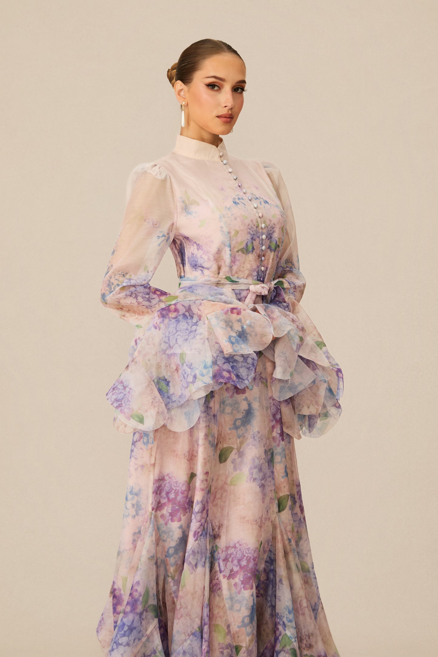 Alessia Floral Print Ruffle Cuff Maxi Dress