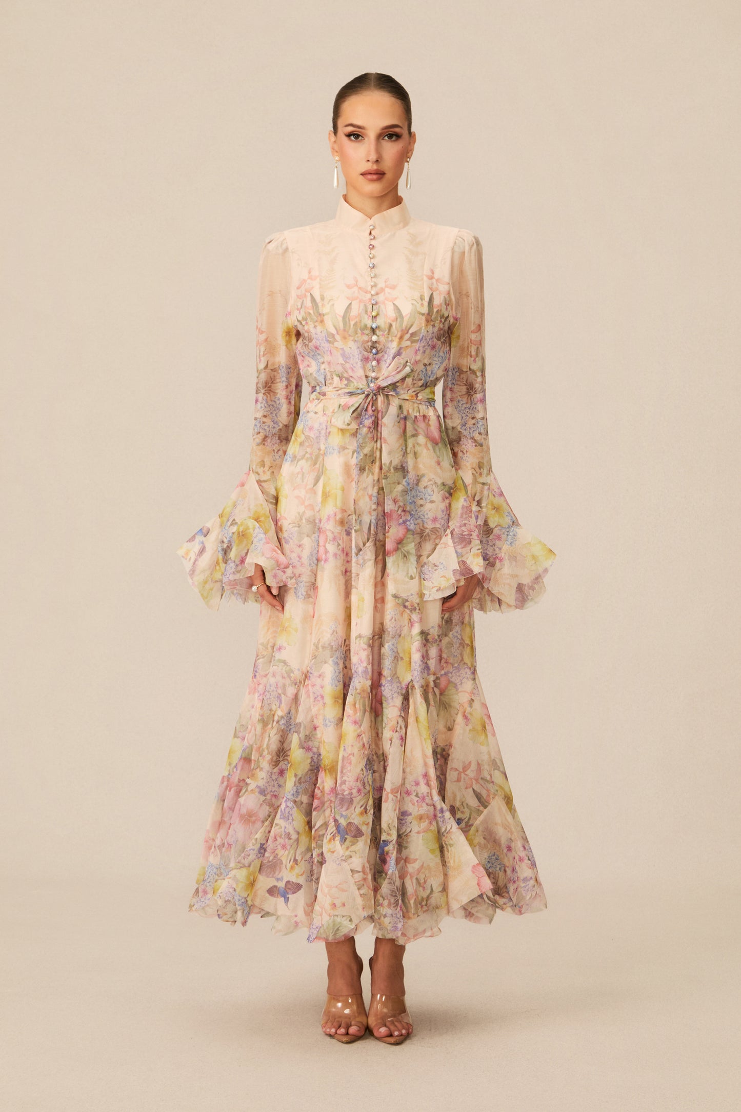 Alessia Floral Print Ruffle Cuff Maxi Dress