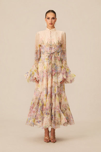 Alessia Floral Print Ruffle Cuff Maxi Dress