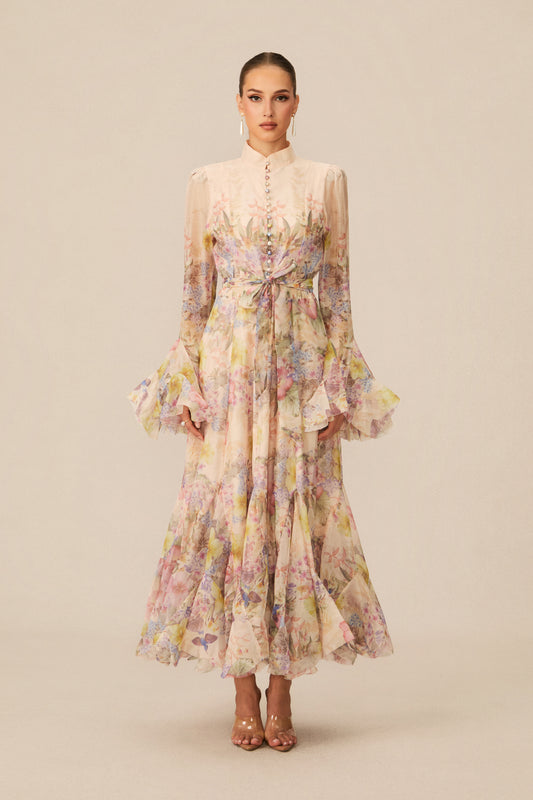 Alessia Floral Print Ruffle Cuff Maxi Dress