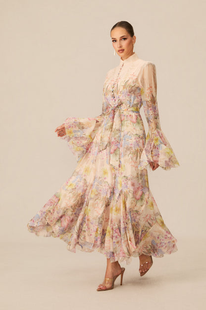 Alessia Floral Print Ruffle Cuff Maxi Dress