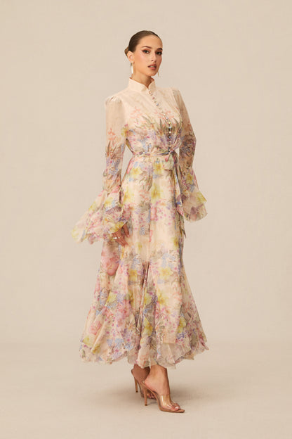 Alessia Floral Print Ruffle Cuff Maxi Dress