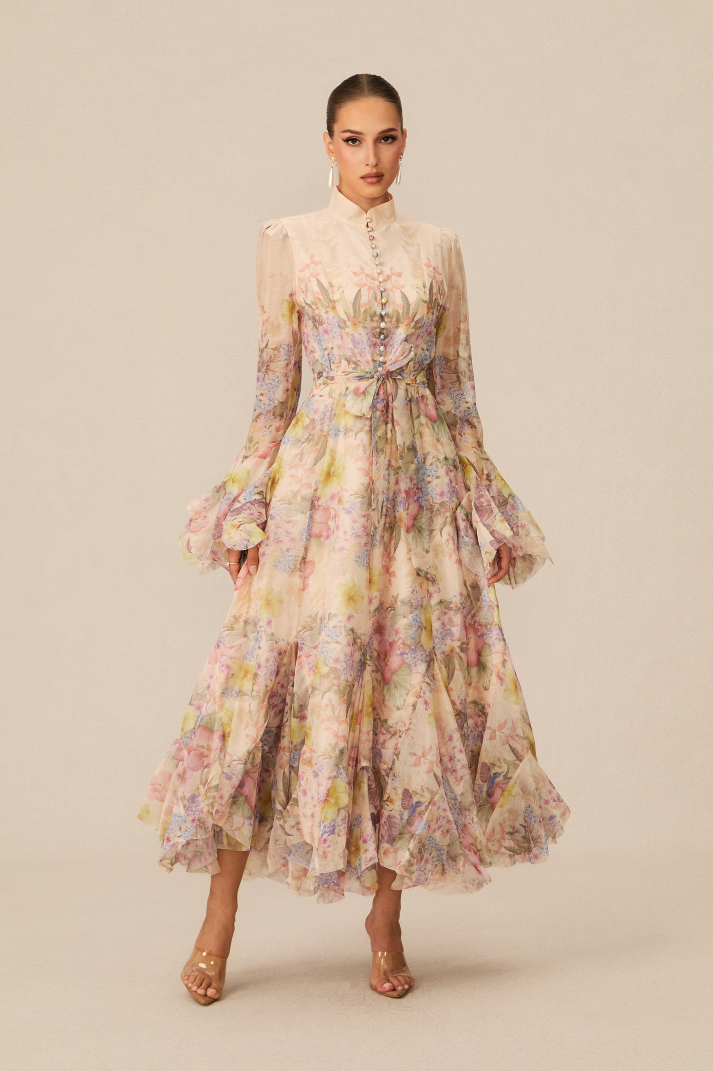 Alessia Floral Print Ruffle Cuff Maxi Dress