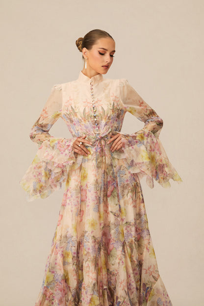 Alessia Floral Print Ruffle Cuff Maxi Dress