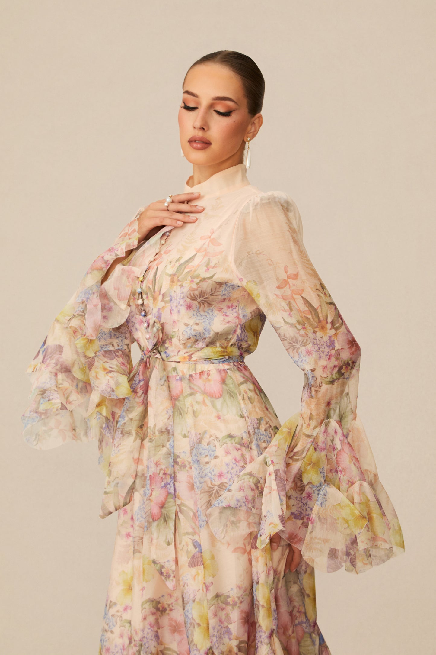 Alessia Floral Print Ruffle Cuff Maxi Dress