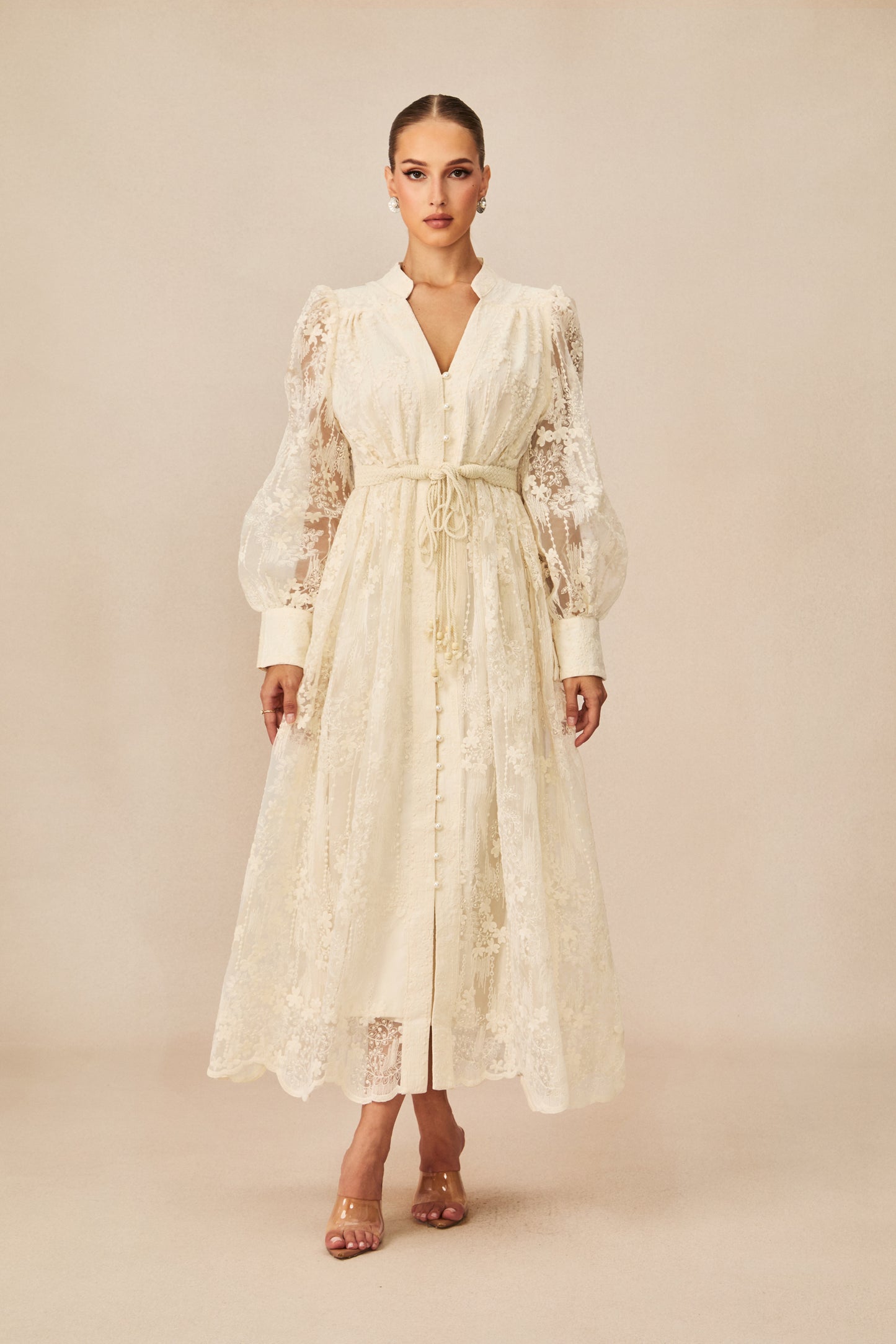 Madeline V-Neck Lace Embroidered Midi Dress